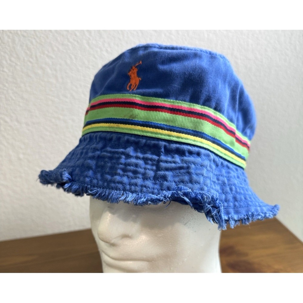 VTG Y2K Polo Ralph Lauren 90s Bucket Hat Color Ribbon Blue Distressed Edge L/XL